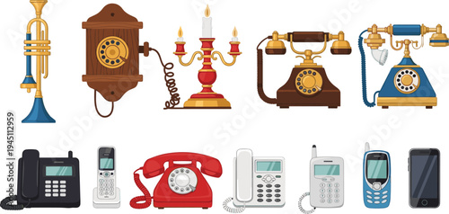 Vintage and modern telephones collection communication devices from rotary phones to smartphones vector illustration
