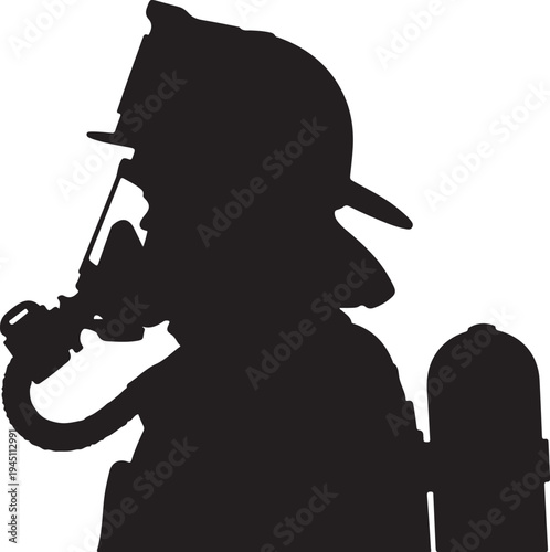 Black silhouette of firefighter wearing helmet and oxygen mask