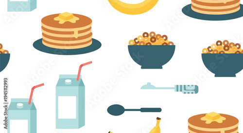 Breakfast food vector pattern with pancakes, cereal, milk, bananas, and utensils seamless design