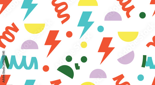 Colorful geometric vector pattern with abstract shapes and playful Memphis style elements