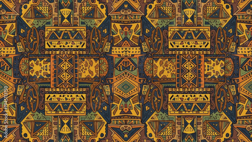 Vibrant African inspired textile pattern with intricate designs and shapes in shades of gold, brown, and green.