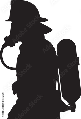 Black silhouette of firefighter wearing oxygen tank and helmet