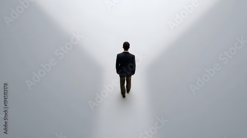 Man walking forward into a bright minimalist future seen from an aerial perspective symbolizing a business journey towards success