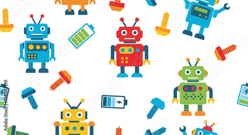 Seamless Robot Vector Pattern with Colorful Cartoon Robots and Tools on White Background