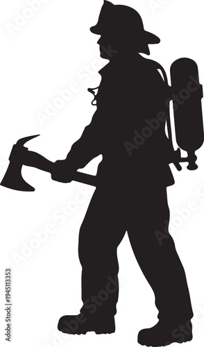 Black silhouette of firefighter with axe and oxygen tank 1