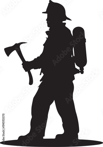 Black silhouette of firefighter with axe and oxygen tank