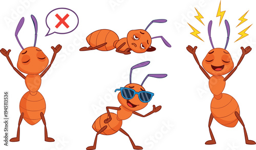 Cute cartoon ant character set showing different emotions actions and poses funny insect mascot vector illustration collection