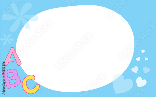 Blue background with alphabet letters, heart decorations, and an oval frame for children's educational design