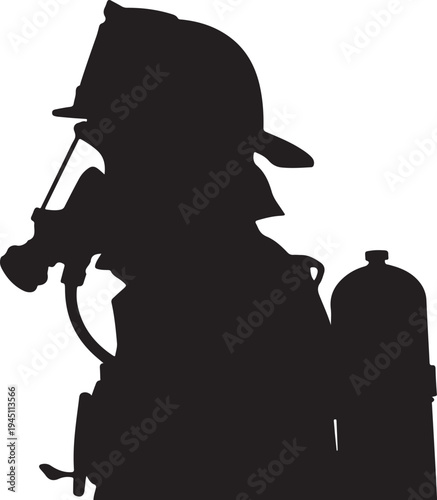 Black silhouette of firefighter with oxygen tank and mask