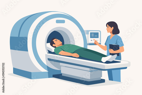 Flat Vector Illustration of a Female Medical Technician Operating an MRI Machine While a Male Patient Lies on the Scanner Bed for a Diagnostic Radiology Examination in a Modern Hospital Clinic