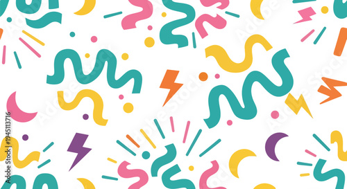 Colorful abstract vector pattern with geometric shapes and playful Memphis style elements