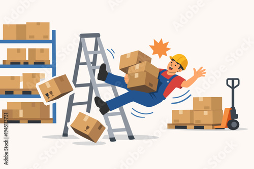 Warehouse worker falling from a ladder while carrying cardboard boxes, occupational accident and workplace safety hazard concept, industrial storage room injury, flat vector illustration.