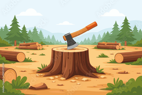 Flat vector illustration of a felled forest clearing with a sharp axe embedded in a large tree stump, surrounded by cut logs and timber piles against a backdrop of pine trees and rolling hills.