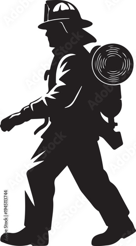 Black silhouette of fireman walking with helmet and oxygen tank