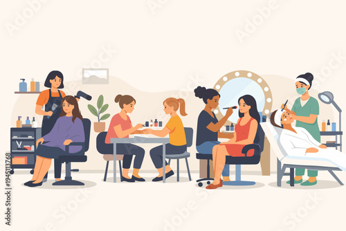 Professional beauty salon and spa interior with staff offering hair styling, manicure, makeup application, and facial skincare treatments to female customers. Flat vector design illustration.