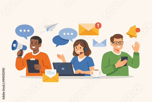 Diverse Business Team and Customer Support Staff Communicating via Multiple Channels like Email, Phone, Megaphone, and Laptop for Marketing, Messaging, and Professional Team Collaboration Services
