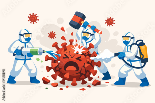 Medical staff in protective hazmat suits fighting and destroying a large coronavirus cell with a giant syringe, hammer, and disinfectant sprayer. Flat vector illustration of pandemic battle.