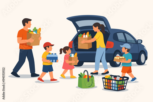 Parents and children carrying paper bags filled with fresh food, vegetables, and water bottles to load into the trunk of a car. Flat vector illustration of family grocery shopping routine.