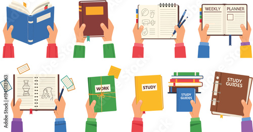 Hands Holding Books and Study Materials Collection with Reading Books, Notebooks, Weekly Planner, Study Guides and Educational Supplies Vector Illustration Set