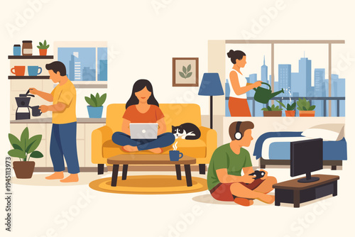 Flat Vector Illustration of People Living in a Modern City Apartment; Man Making Coffee, Woman Working on Laptop with Cat, Woman Watering Plants on Balcony, and Boy Playing Video Games at Home
