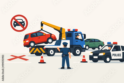 Police officer supervising a tow truck lifting an illegally parked red car in a no-parking zone with a police car and traffic cones nearby, flat vector illustration of traffic law enforcement.