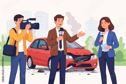 Professional journalists and a cameraman reporting the news from a car accident scene with a smashed red vehicle in the background, flat vector illustration of a TV news crew broadcasting live.