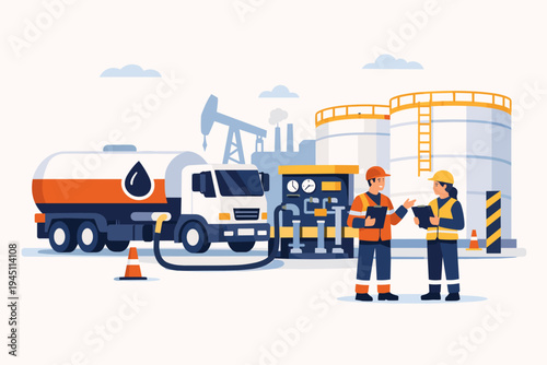 Industrial oil refinery scene with a tanker truck transferring fuel at a station, monitored by professional workers in safety vests and hard hats conducting a quality control inspection.