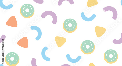 Seamless Pastel Geometric Vector Pattern with Donuts and Shapes on White Background
