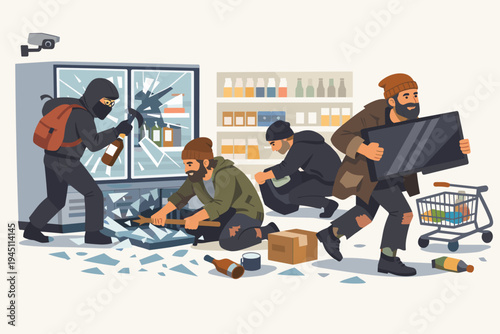 Group of looters and thieves breaking into a supermarket, smashing glass display cases with hammers and crowbars, stealing electronics and food during social unrest, flat vector illustration.