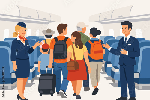 Diverse Passengers Boarding an Airplane with Flight Attendants Greeting Them. Flat Vector Illustration of Tourists with Luggage Walking Down the Cabin Aisle for Their Flight Journey and Travel.