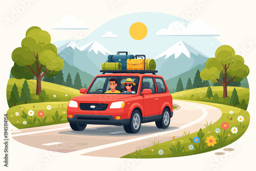 Flat Vector Illustration of a Happy Couple Driving a Red SUV on a Scenic Mountain Road for a Summer Road Trip Adventure with Luggage on the Roof, Green Hills, and Snowy Mountains Background.