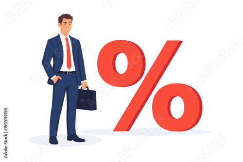 Professional Businessman in Suit Holding Briefcase Standing Next to Large Red Percentage Symbol, Concept for Interest Rates, Financial Growth, Banking, Discounts, Investment, and Business Success