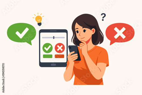 Vector illustration of a thoughtful woman holding a smartphone making a choice in an online poll or survey with yes and no options, feedback concept, decision making process, flat design style.