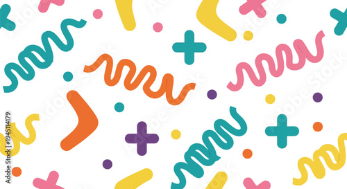 Colorful abstract Memphis vector pattern with playful geometric shapes on white background