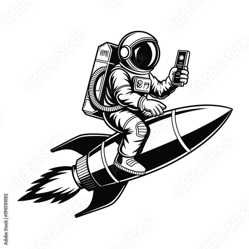 Astronaut riding a rocket while taking a selfie with a smartphone