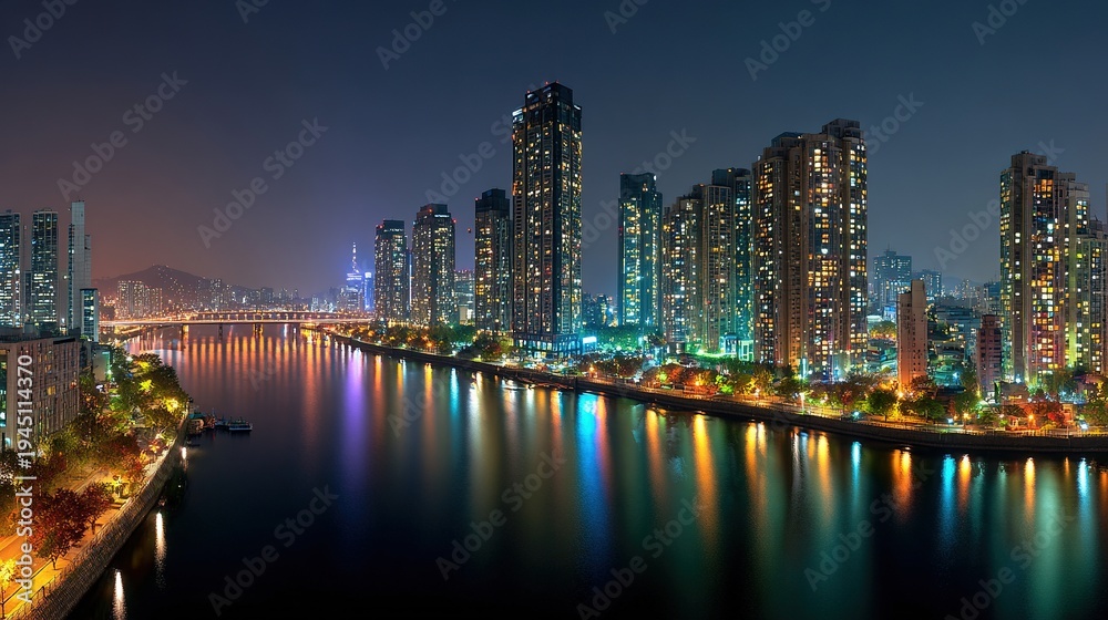 Fototapeta premium Beautiful panoramic cityscape at night with river and building reflections