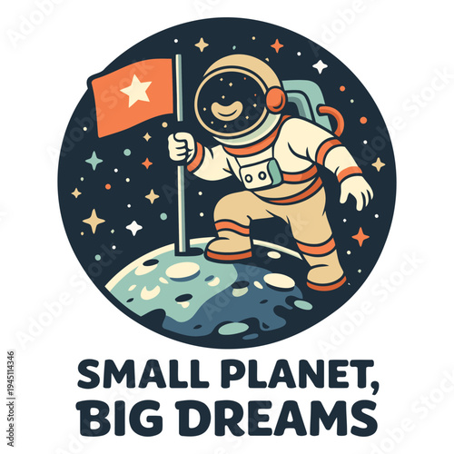 Cute cartoon astronaut standing on a small planet holding a flag with stars in space illustration showing ambition and dreams