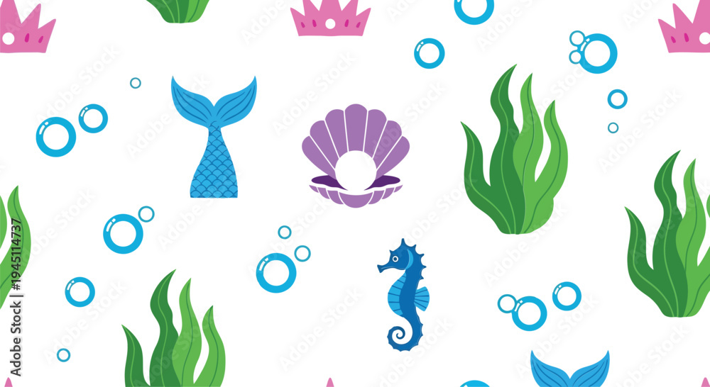Obraz premium Underwater sea life vector pattern with mermaid tail, seahorse, shells, seaweed, and bubbles