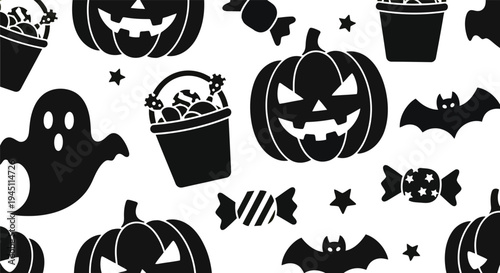 Halloween vector pattern with pumpkins, ghosts, bats, candy, seamless black and white design