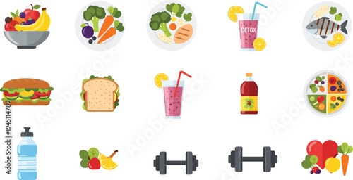 Healthy Food and Fitness Lifestyle Icon Set with Fruits Vegetables Smoothie Detox Drink Salad Water Bottle and Dumbbell Nutrition Symbols