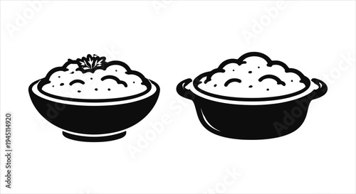 Two bowls of mashed potatoes or similar food item with a garnish