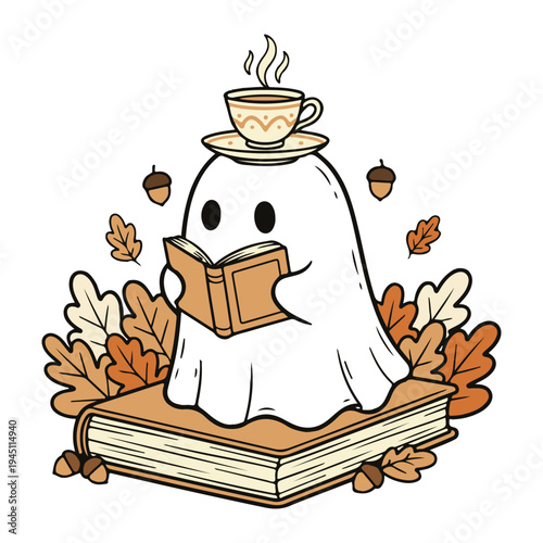 Ghost in Fall Wreath Design, Fall Ghost Reading Clipart, Cute Bookish Ghost Illustration, Cozy Autumn Ghost Design, Halloween Book Lover Ghost