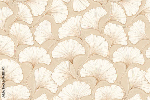 Elegant abstract beige background with layered leaf shapes, flowing texture lines, and soft tonal shading.
