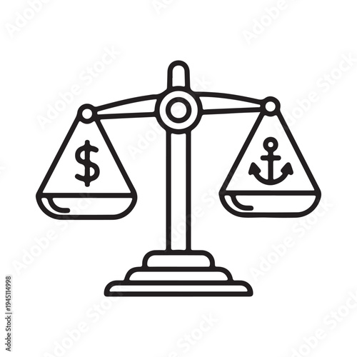 Balanced scale illustration featuring dollar sign and anchor symbol representing financial stability and maritime industry equilibrium