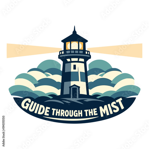 Illustrated lighthouse logo with guiding light and misty clouds design perfect for navigation guidance or mentorship themes