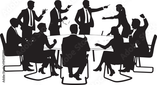 Black silhouettes of businesspeople arguing around a conference table