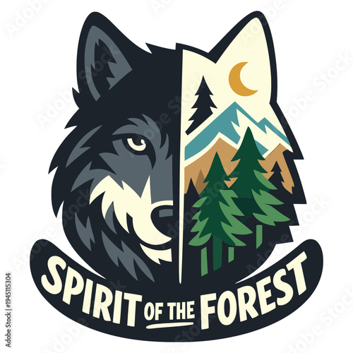 Illustrated logo design featuring a wolf head with a scenic forest and mountain landscape inside for nature adventure and wilderness themes