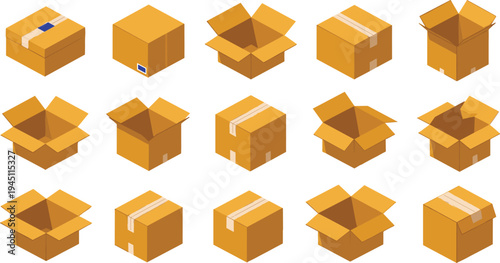 Cardboard shipping boxes collection open and closed packaging boxes delivery vector illustration set