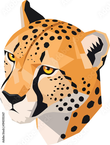 Geometric style illustration of a cheetah's head with orange and black spots, showcasing its distinctive features.