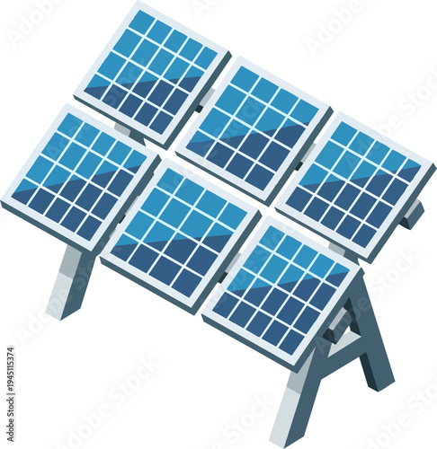An illustration of six blue solar panels mounted on a white frame, angled to capture sunlight, representing renewable energy.